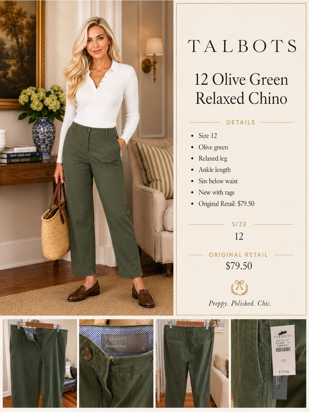 Talbots Olive Green Ankle-Length Relaxed Chino Pants